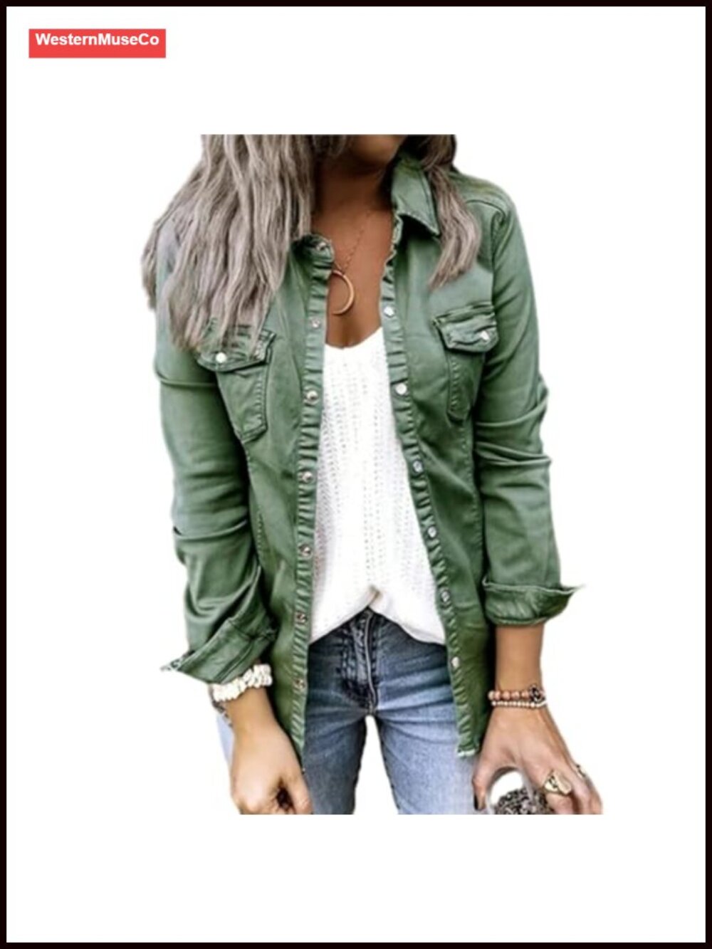 Ruffle Denim Jacket Oversized Button-Down Shacket